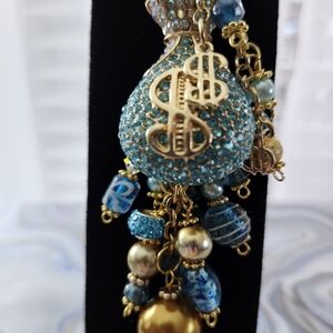 Money Bag Purse Charm or Keychain Accessory Rhinestone Wealth Handcrafted